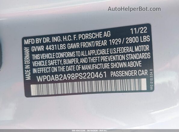 WP0AB2A98PS220461 2023 PORSCHE 911 Белый Вид подкапотного пространства
