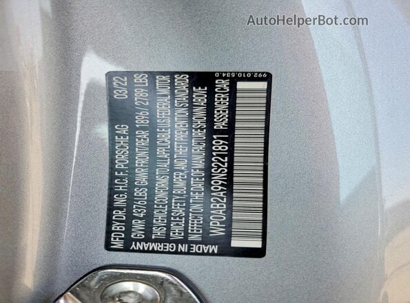 WP0AB2A99NS221891 2022 PORSCHE 911 Silver Widok komory silnika