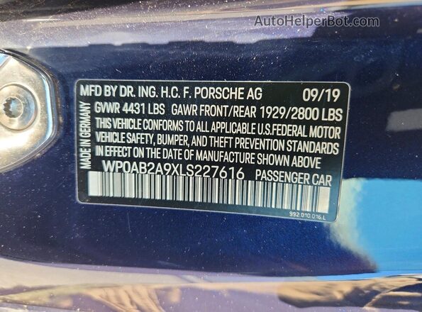 WP0AB2A9XLS227616 2020 PORSCHE 911 Blue VIN sticker view