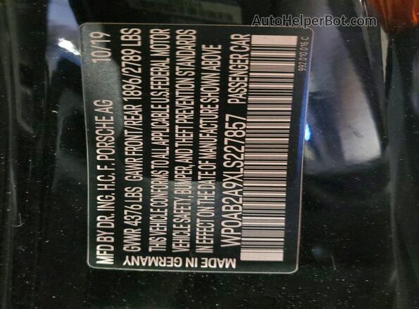 WP0AB2A9XLS227857 2020 PORSCHE 911 Black VIN sticker view