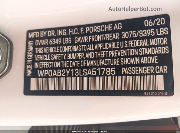 WP0AB2Y13LSA51785 2020 PORSCHE TAYCAN White Vista del compartimento del motor