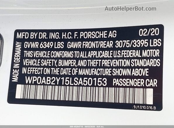 WP0AB2Y15LSA50153 2020 PORSCHE TAYCAN White ძრავის განყოფილების ხედი