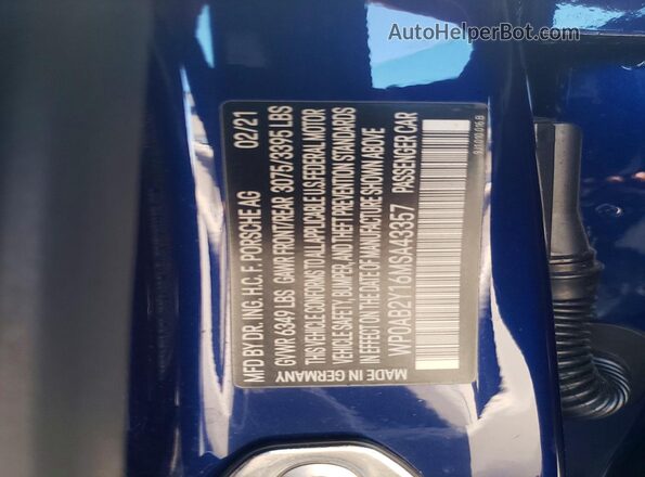 WP0AB2Y16MSA43357 2021 PORSCHE TAYCAN Blue VIN sticker view
