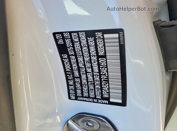 WP0AB2Y19LSA51600 2020 PORSCHE TAYCAN White Շարժիչի բաժամունքի տեսք
