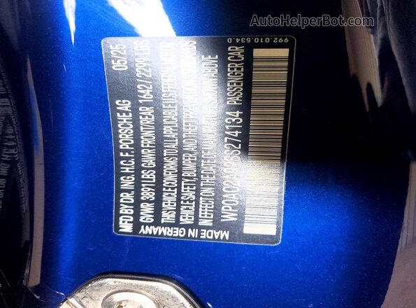 WP0AC2A92SS274134 2025 PORSCHE 911 Blue ძრავის განყოფილების ხედი
