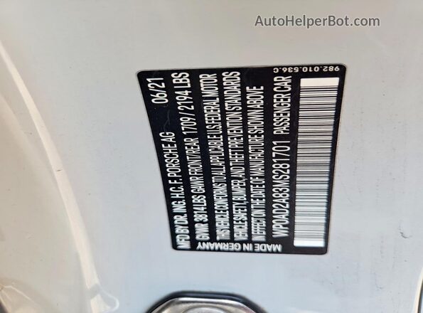 WP0AD2A83MS281701 2021 PORSCHE CAYMAN Gray Вид наклейки з VIN-кодом