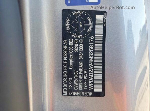 WP0AD2A94MS258176 2021 PORSCHE 911 Серебряный 