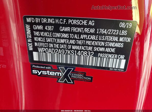WP0AD2A97KS140832 2019 PORSCHE 911 Красный Вид подкапотного пространства