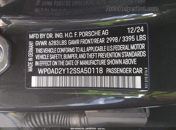 WP0AD2Y12SSA50118 2025 PORSCHE TAYCAN Gray Widok komory silnika