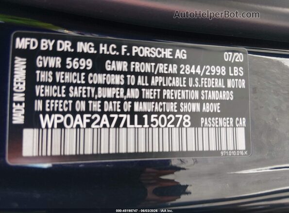 WP0AF2A77LL150278 2020 PORSCHE PANAMERA Black Շարժիչի բաժամունքի տեսք