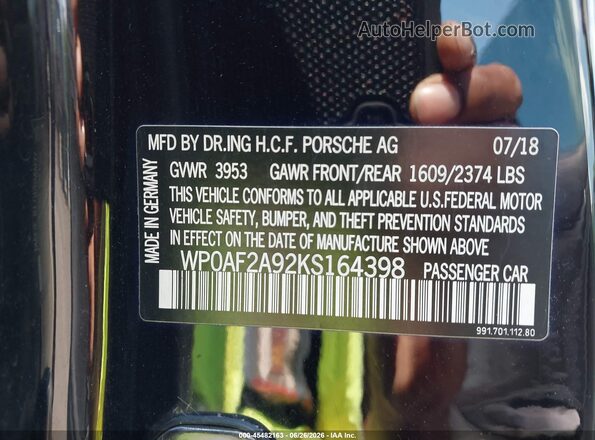 WP0AF2A92KS164398 2019 PORSCHE 911 Черный Вид подкапотного пространства