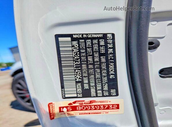 WP0AG2A73LL145964 2020 PORSCHE PANAMERA White Widok naklejki z numerem VIN