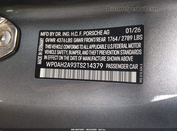 WP0AH2A93TS214379 2026 PORSCHE 911 Серый Вид подкапотного пространства