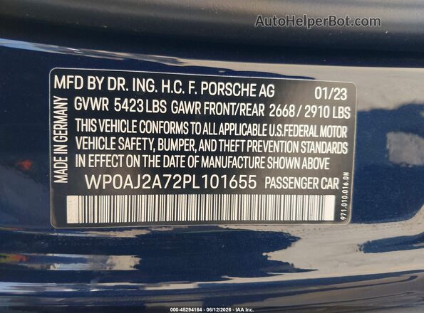 WP0AJ2A72PL101655 2023 PORSCHE PANAMERA Dark Blue ძრავის განყოფილების ხედი