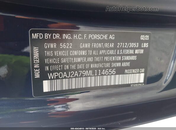 WP0AJ2A79ML114656 2021 PORSCHE PANAMERA Dark Blue Շարժիչի բաժամունքի տեսք