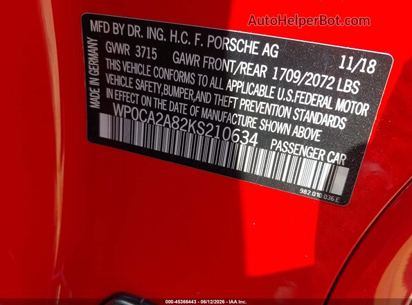 WP0CA2A82KS210634 2019 PORSCHE BOXSTER Red Շարժիչի բաժամունքի տեսք