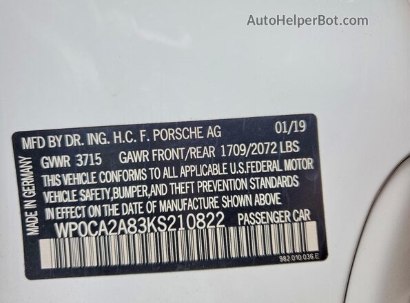 WP0CA2A83KS210822 2019 PORSCHE BOXSTER White Widok komory silnika