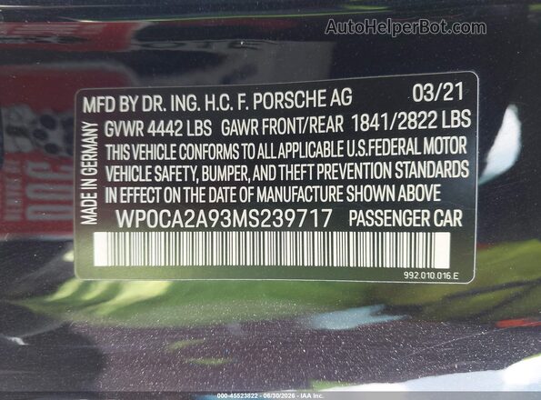 WP0CA2A93MS239717 2021 PORSCHE 911 Black ძრავის განყოფილების ხედი