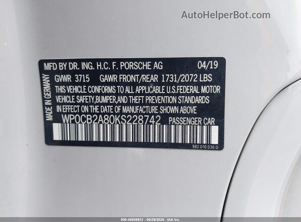 WP0CB2A80KS228742 2019 PORSCHE BOXSTER Silver ძრავის განყოფილების ხედი