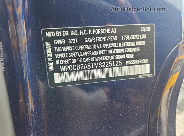 WP0CB2A81MS225125 2021 PORSCHE BOXSTER Синий Вид подкапотного пространства