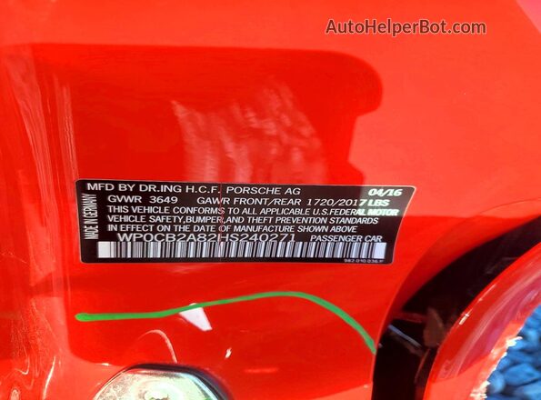 WP0CB2A82HS240271 2017 PORSCHE BOXSTER Red Engine compartment view