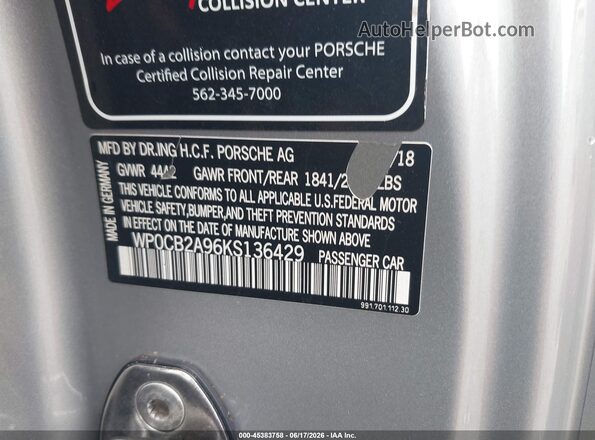 WP0CB2A96KS136429 2019 PORSCHE 911 Silver Engine compartment view