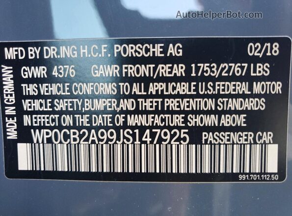 WP0CB2A99JS147925 2018 PORSCHE 911 Gray Շարժիչի բաժամունքի տեսք