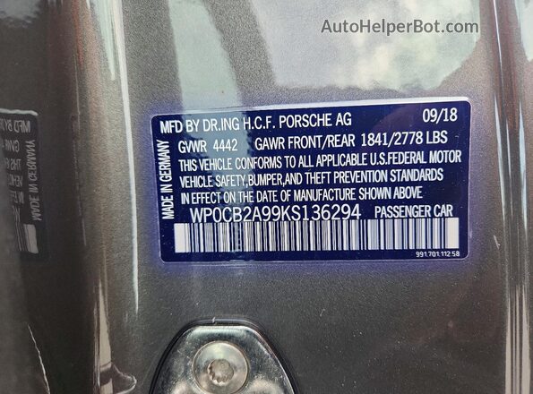 WP0CB2A99KS136294 2019 PORSCHE 911 Gray 