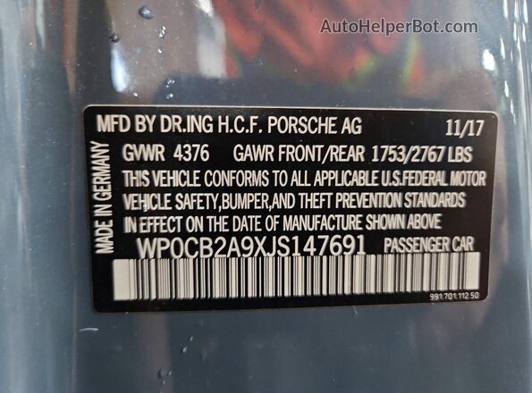 WP0CB2A9XJS147691 2018 PORSCHE 911 Gray ძრავის განყოფილების ხედი