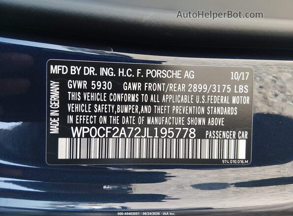 WP0CF2A72JL195778 2018 PORSCHE PANAMERA Синий Вид подкапотного пространства