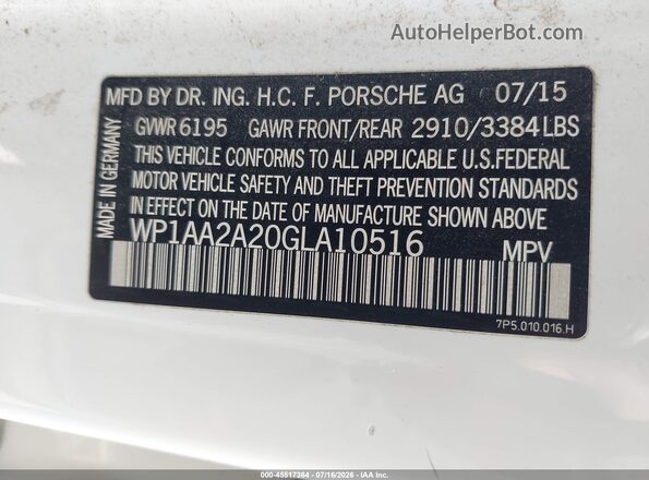 WP1AA2A20GLA10516 2016 PORSCHE CAYENNE White Engine compartment view