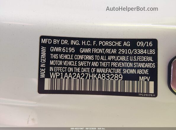 WP1AA2A27HKA83289 2017 PORSCHE CAYENNE White Vista del compartimento del motor