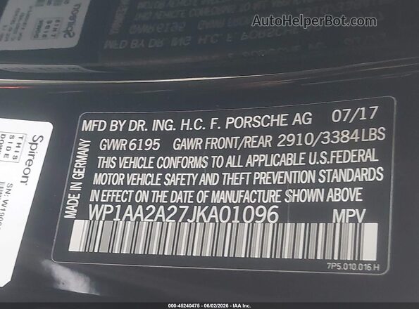 WP1AA2A27JKA01096 2018 PORSCHE CAYENNE Black 