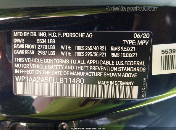 WP1AA2A50LLB11480 2020 PORSCHE MACAN Black ძრავის განყოფილების ხედი