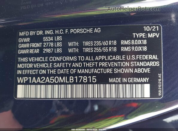 WP1AA2A50MLB17815 2021 PORSCHE MACAN Синий Вид подкапотного пространства