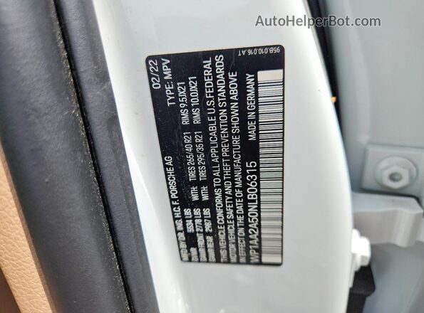WP1AA2A50NLB06315 2022 PORSCHE MACAN Белый Вид наклейки с VIN-кодом