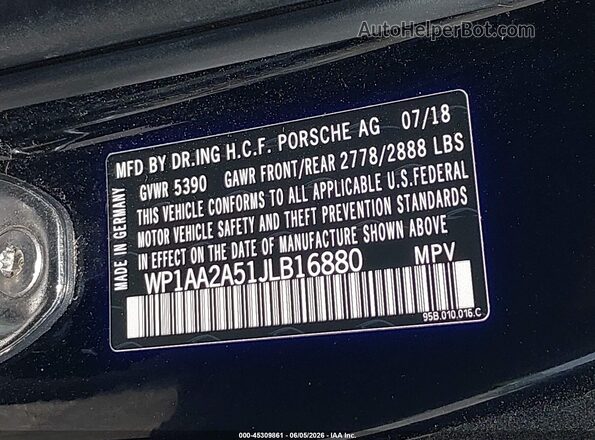 WP1AA2A51JLB16880 2018 PORSCHE MACAN Black Widok komory silnika
