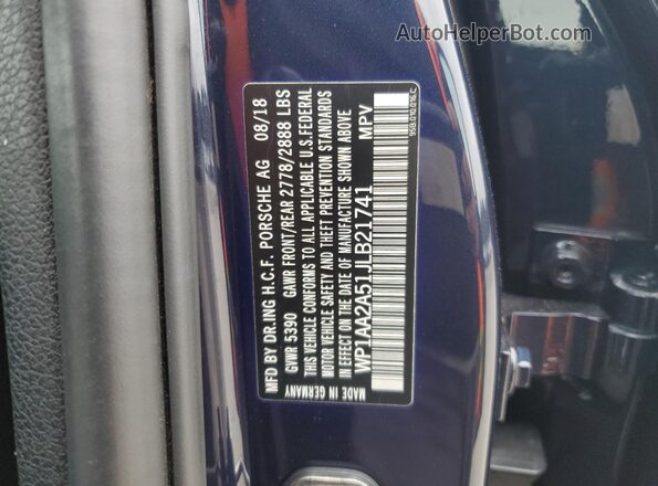 WP1AA2A51JLB21741 2018 PORSCHE MACAN Blue VIN կոդի պիտակի տեսք