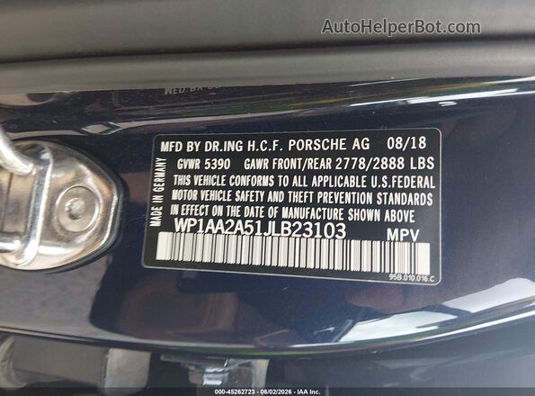 WP1AA2A51JLB23103 2018 PORSCHE MACAN Blue ძრავის განყოფილების ხედი