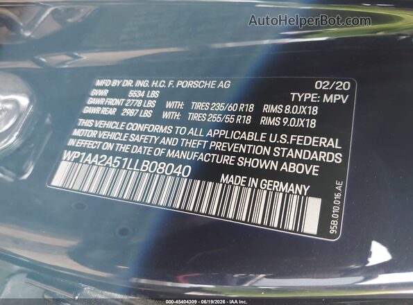 WP1AA2A51LLB08040 2020 PORSCHE MACAN Blue Vista del compartimento del motor
