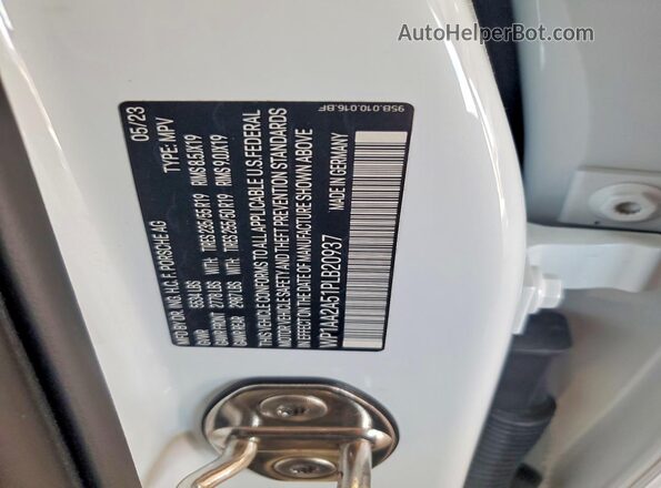 WP1AA2A51PLB20937 2023 PORSCHE MACAN White VIN კოდის სტიკერის ხედი