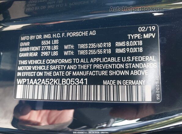 WP1AA2A52KLB05341 2019 PORSCHE MACAN Black Вид підкапотного простору