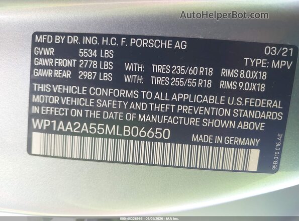 WP1AA2A55MLB06650 2021 PORSCHE MACAN Серебряный Вид подкапотного пространства