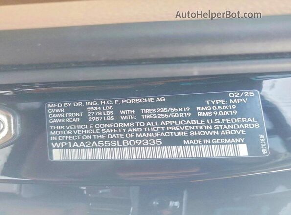 WP1AA2A55SLB09335 2025 PORSCHE MACAN Black VIN კოდის სტიკერის ხედი