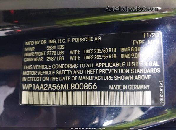 WP1AA2A56MLB00856 2021 PORSCHE MACAN Blue Вид підкапотного простору