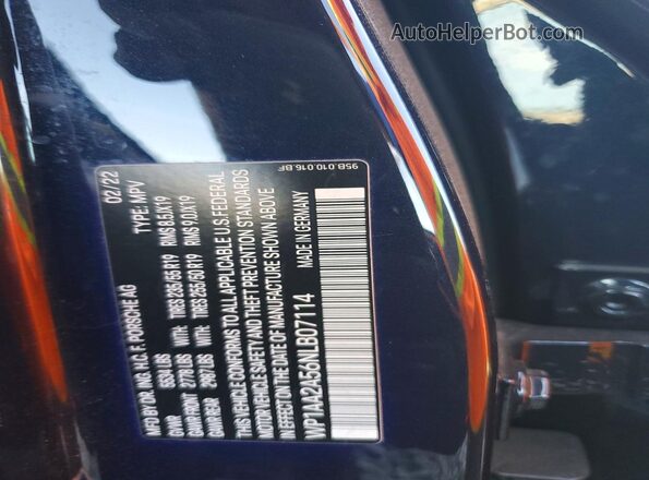 WP1AA2A56NLB07114 2022 PORSCHE MACAN Blue Вид наклейки з VIN-кодом