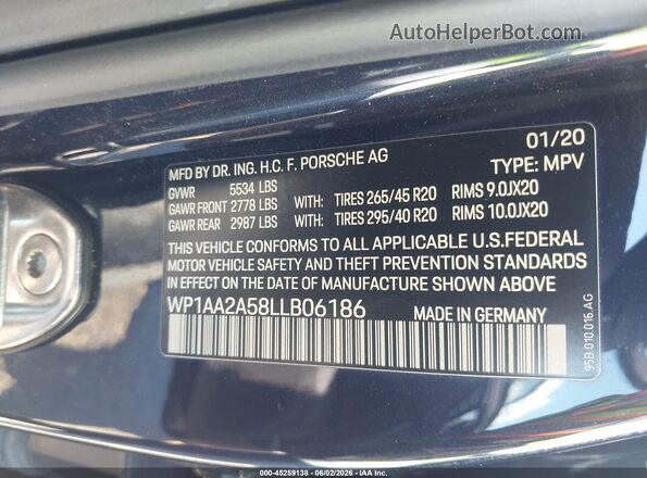 WP1AA2A58LLB06186 2020 PORSCHE MACAN Blue Շարժիչի բաժամունքի տեսք