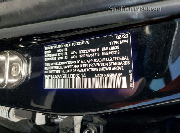 WP1AA2A58LLB08214 2020 PORSCHE MACAN Black VIN կոդի պիտակի տեսք