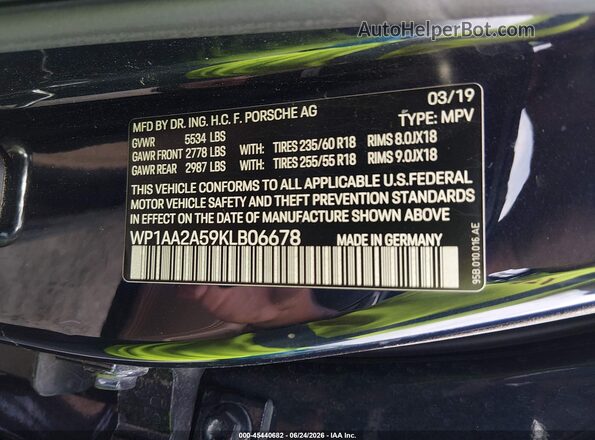 WP1AA2A59KLB06678 2019 PORSCHE MACAN Blue Widok komory silnika