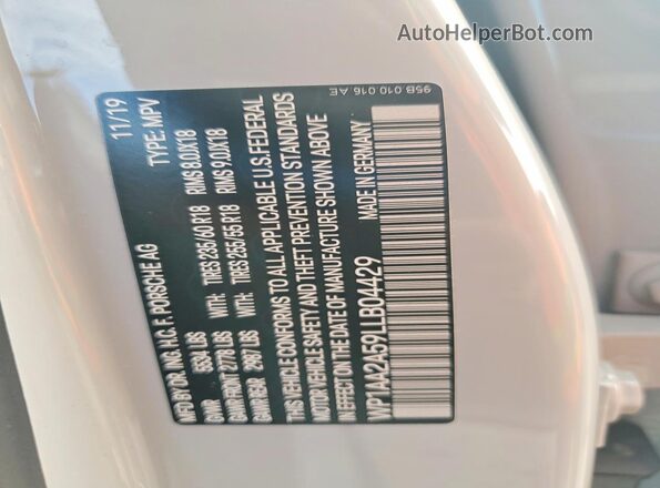 WP1AA2A59LLB04429 2020 PORSCHE MACAN Beige Вид наклейки з VIN-кодом